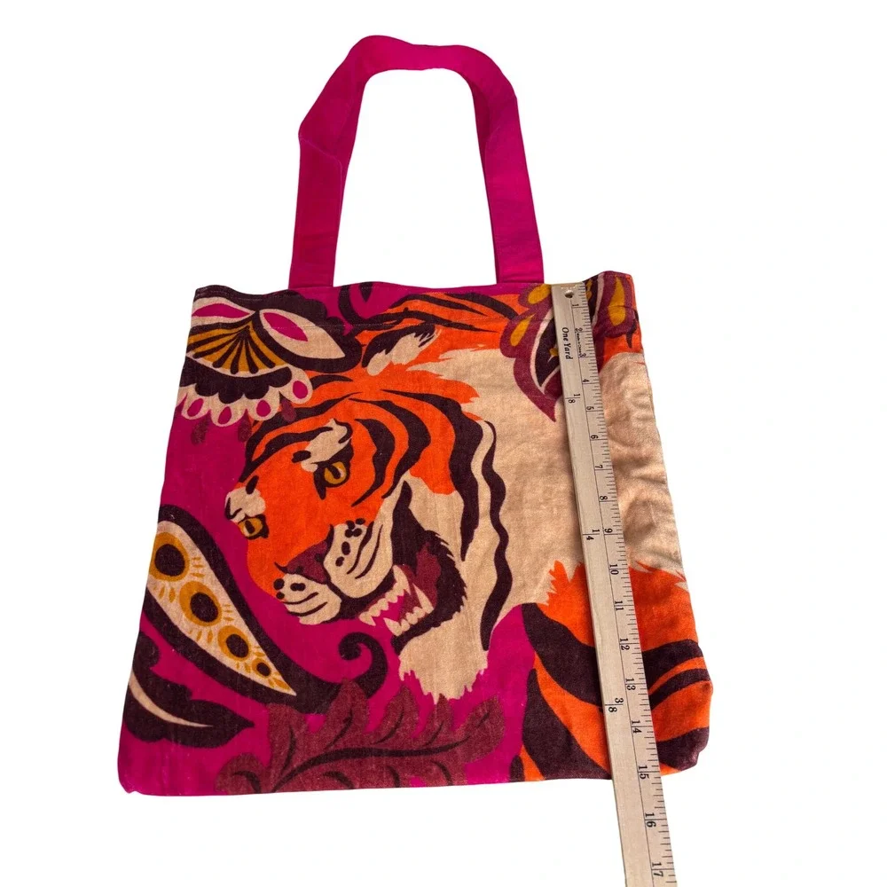 Roaring Tiger Powder Pink Velvet Paisley Tote Bag Cotton Fuchsia Orange Festive